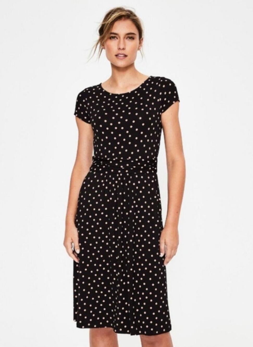 Boden Amelie Polka Dot Midi Dress Black Pink Pockets Women’s Size 8 Long